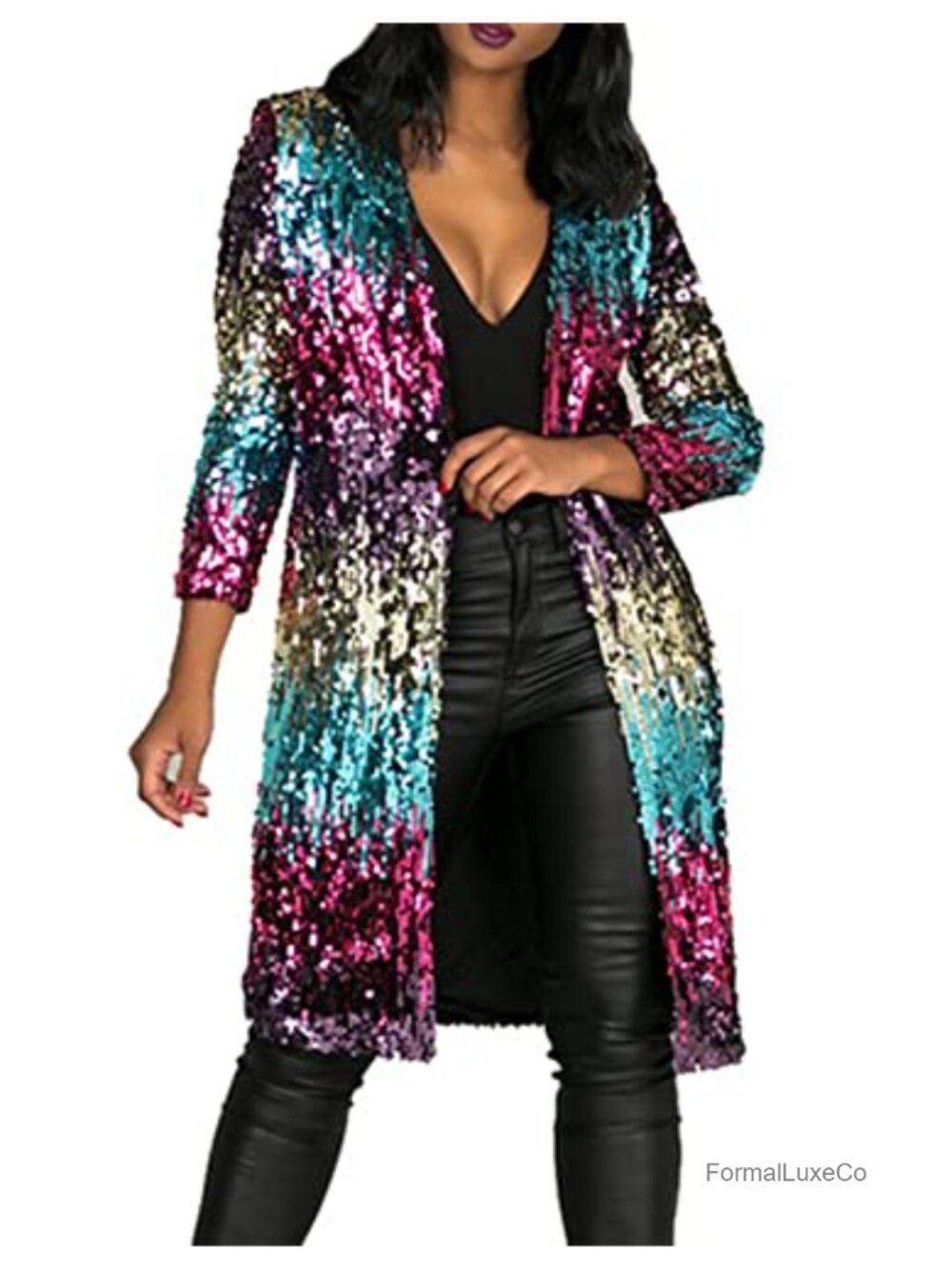 Long Sleeve Full Sequin Open Front Duster Cardigan Coat with Pockets